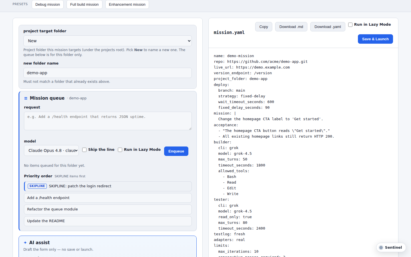 Composer mission control view with the mission.yaml preview pane and the Save & Launch button
