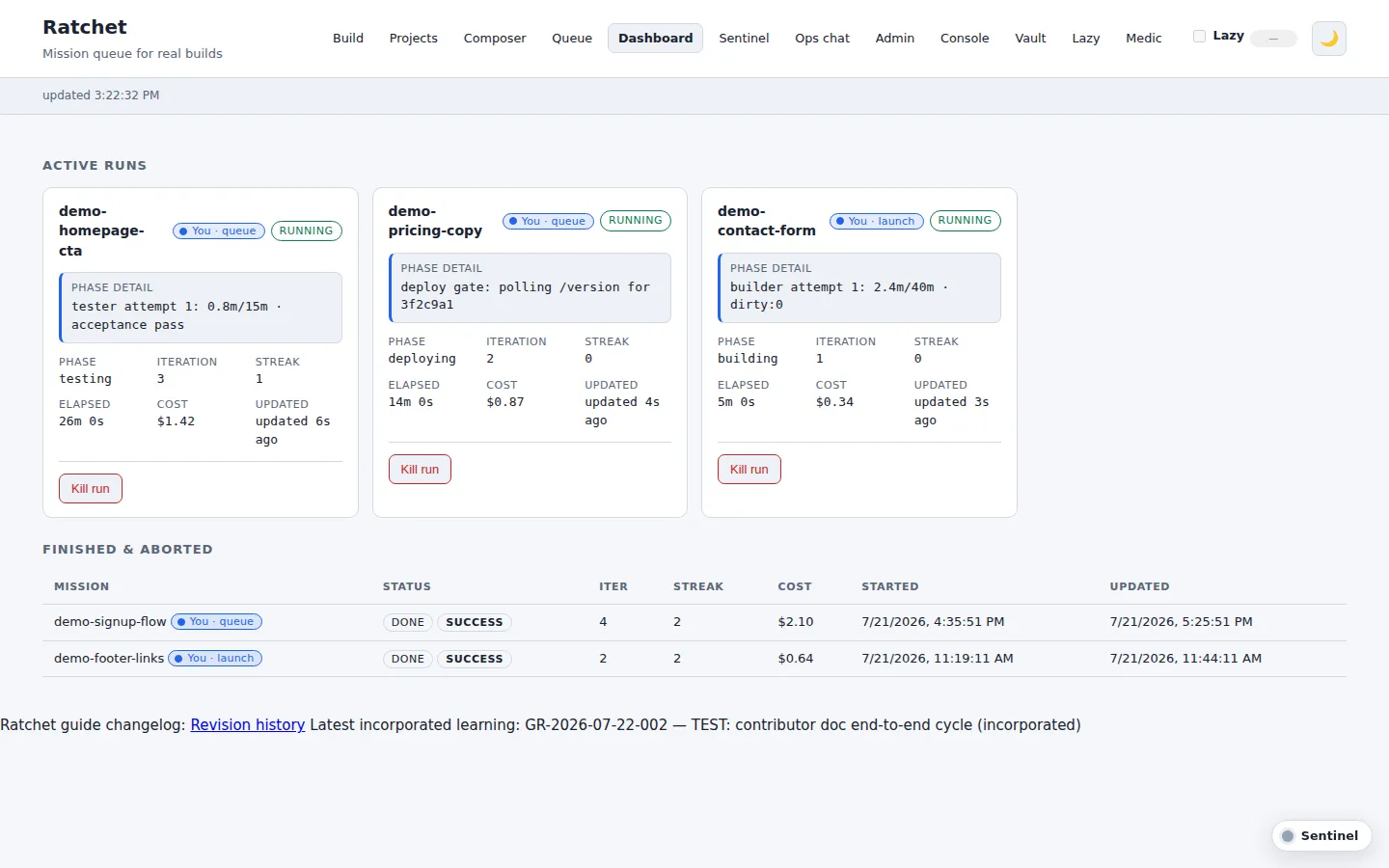 Ratchet dashboard mission timeline showing three active run cards with per-run phase, iteration, and streak fields above a table of finished runs